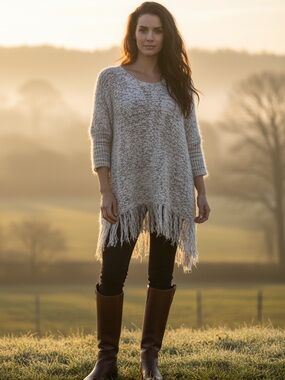 Umgee Chunky Knit Popcorn Fringe Oversized Dolman Sweater Boho Cozy Tunic